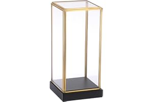 Hipiwe Display Case with Black Wood Base, Rectangular Glass Display Box for Collectibles, Figurine Gold Keepsake Storage Box Home Decor(3.3x3.3x7.5 inch)