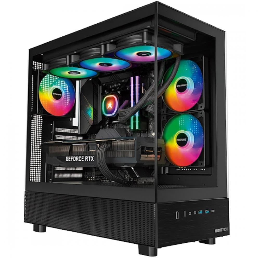 MONTECH XR-B, ATX Mid-Tower PC Gaming Case, 3x120mm ARGB PWM Fans Pre-Installed, Full-View Dual Tempered Glass Panel, Wood-Grain Design I/O Interface, 4090 GPUs, 360mm Radiator Support, Black