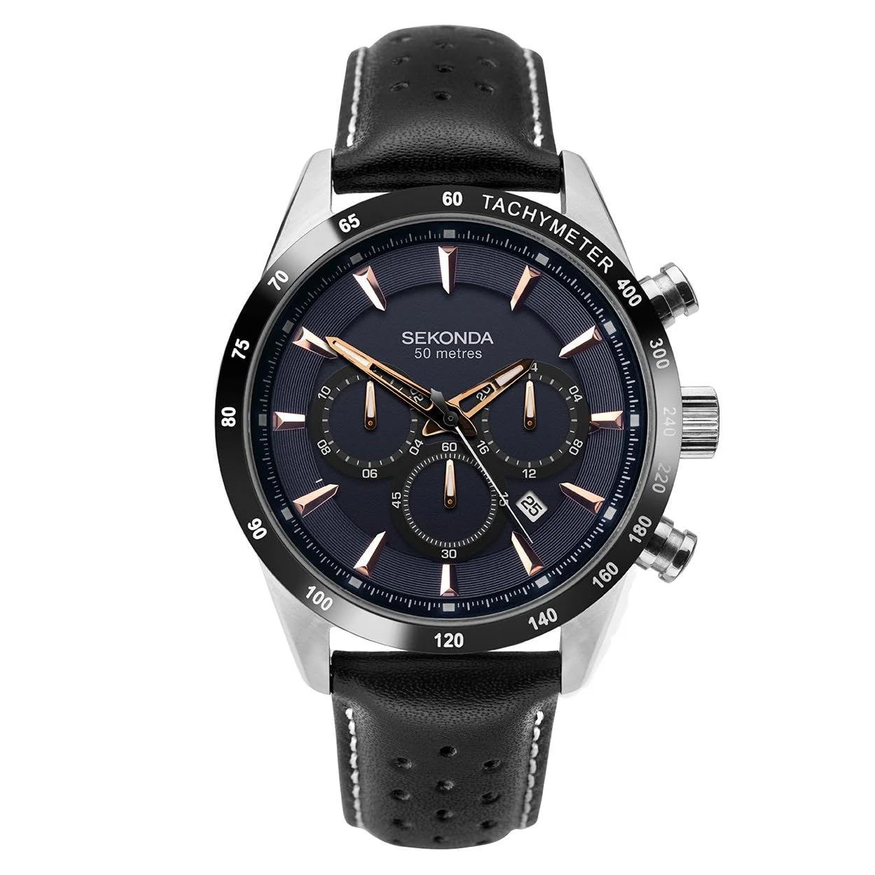 Sekonda Mens Stainless Steel Black Chronograph Dial Leather Strap Watch 1700