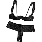 Lilosy Sexy Underwire Floral Lace Sheer Lingerie Set for Women See Through Bra and Panty