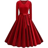 Women's Christmas Retro Dresses for Women Vintage Dress Long Sleeve Velvet V Neck Swing Dress Elegant Party Dress Womens Fall Winter 1950s Dresses for Women Wedding Guest Swing Belt Dress Red XL