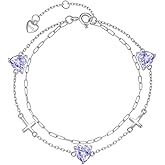 Birthstone Cross Bracelet for Women, S925 Sterling Silver Heart Bracelet with 5A Cubic Zirconia, Dainty Link Charm Double Layer Jewelry Birthday Gift for Her