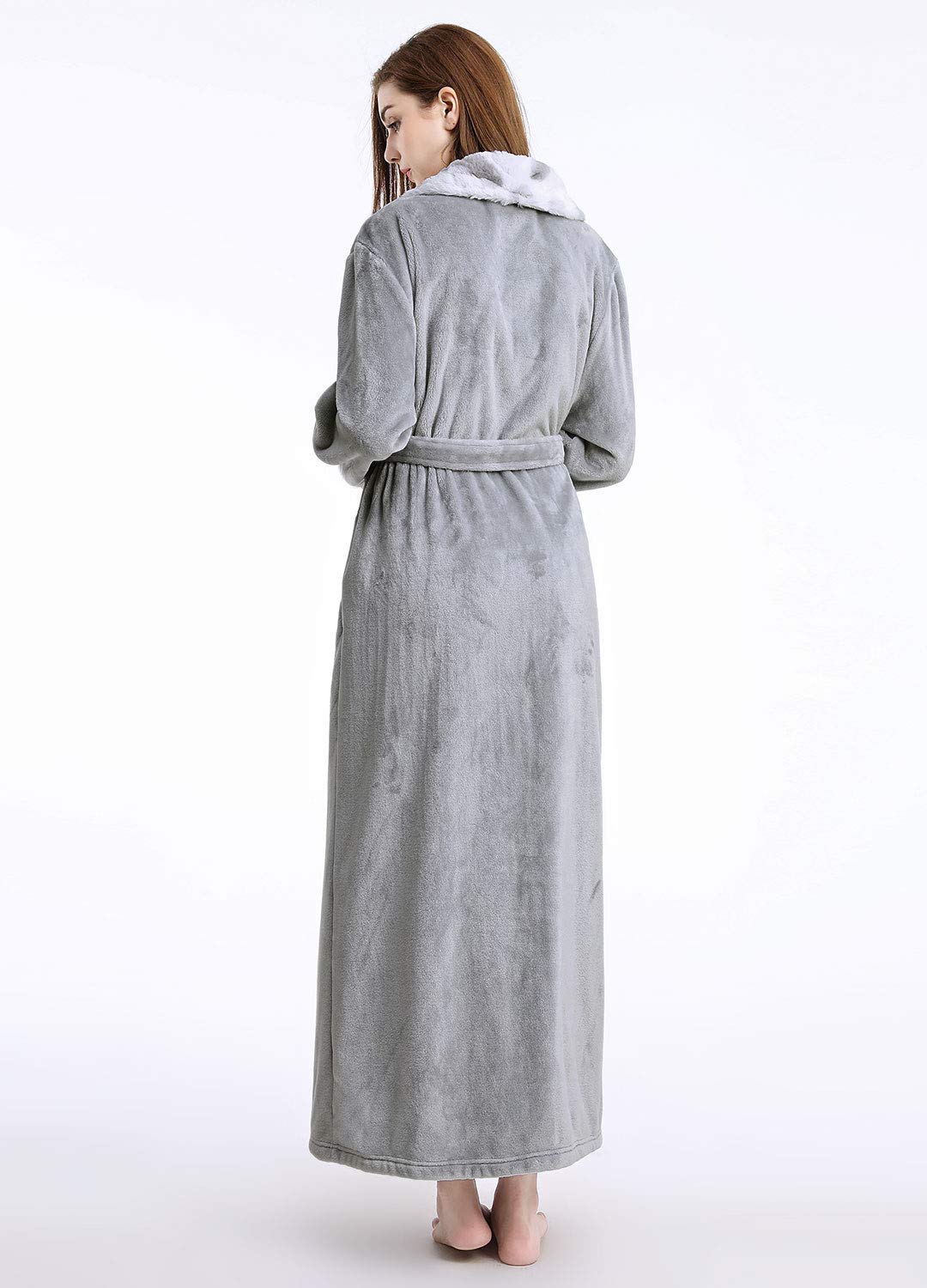 CaiDieNu Mikrofaser Bademantel für Damen Morgenmantel Korallen Vlies Saunamantel, weich und flauschig, mit Schalkragen Gürtel und Taschen