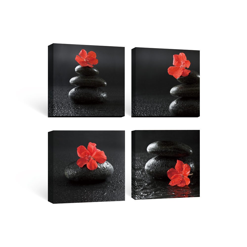 SUMGAR Framed Wall Art for Bathroom of Red Black Flowers and Spa Zen