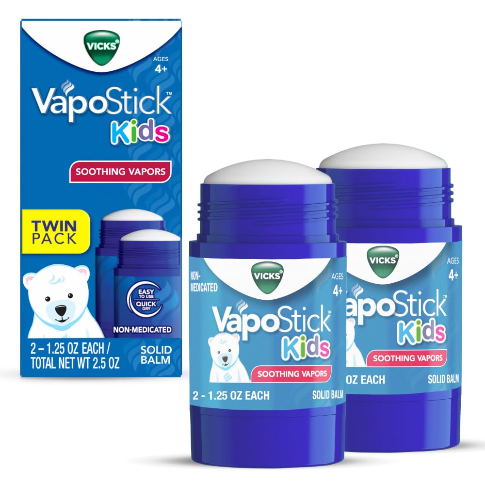 Photo 1 of Vicks VapoStick Kids, Solid Balm, No Mess, for Kids Ages 4+ Soothing Non-Medicated Vicks Vapors, Easy-to-Use No-Touch Applicator, Lightweight Feel, 1.25oz x 2