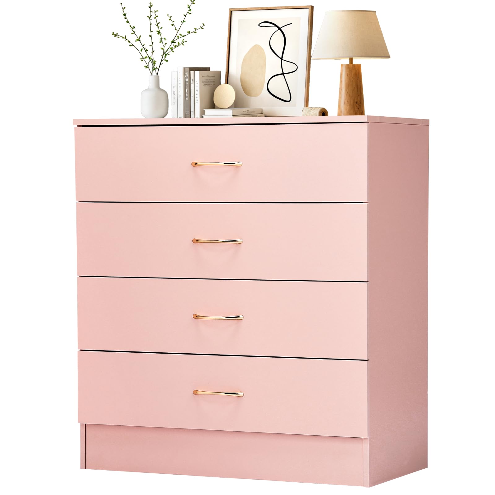 Karl home 4 Pink Drawer Dresser, Stylish Modern Chest of Drawers and Wood Bedside Table Night Table, Equipped with Anti-Tipping Device, Perfect for Families, Teens, Adults