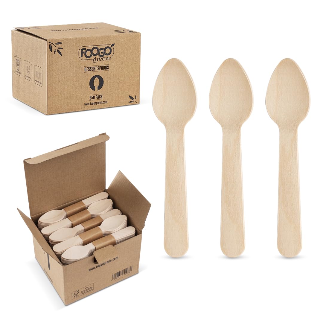 FOOGO Green 250pcs Disposable Wooden Dessert Spoons, FSC® Certified, 11cm Small Round Disposable Cutlery, for Icecreams, Jelly, Cakes, Sturdy Eco-Friendly Wooden Spoon, Like Bamboo Cutlery
