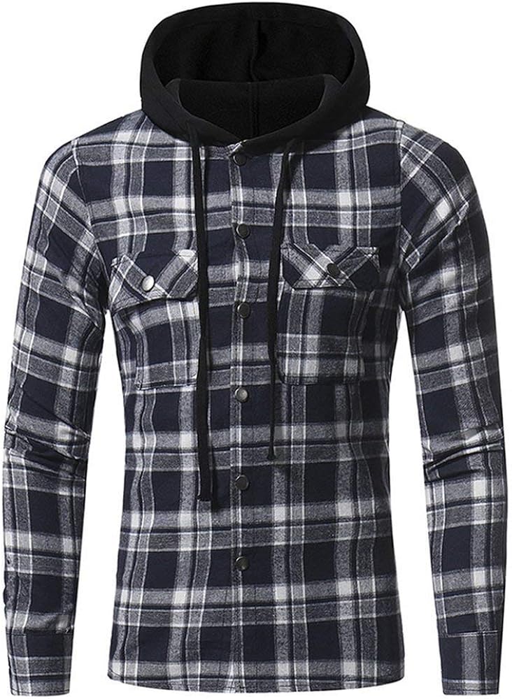 Men's Checked Hoodie Flannel Shirt Slim Fit Long Sleeve Casual Chic Casual Shirt Hoodie Hooded 