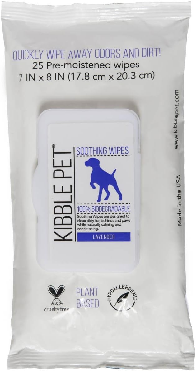 Kibble Pet Soothing Lavender Dog Wipes 100% Biodegradable | Artificial Fragrance-Free, Hypoallergenic, Plant-Based, Organic Ingredients | Made in The USA | 1 Pack (25 Wipes)