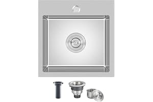 MENATT 18 inch Kitchen Sink Drop-In Brushed，304 Stainless Steel Handmade Single Faucet Hole Single Bowl Small Topmount Kitchen Bar Sink, D18" x W18" x H9"