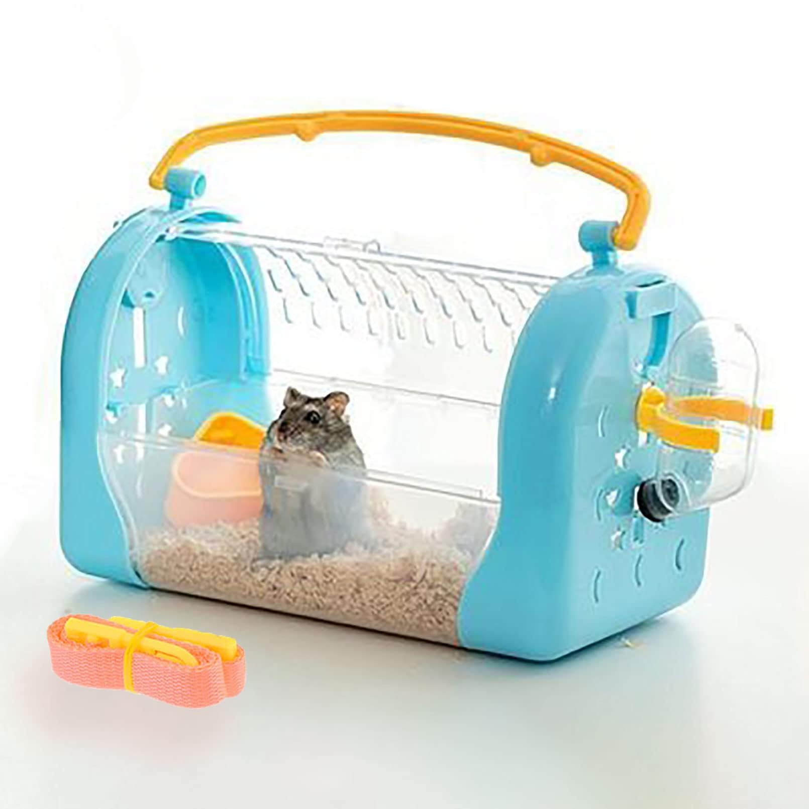 Photo 1 of kathson Portable Hamster Cage Dwarf Hamster Carry Travel Cage with Water Bottle Food Bowl Adjustable Strap Pet Outgoing Cage for Gerbil Hedgehog Mice Squirrel