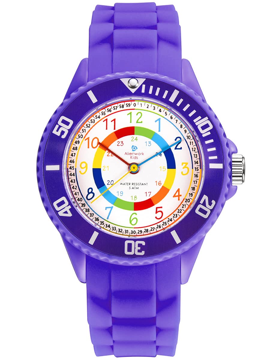 Alienwork Kids Children's Teacher Watch Girls Violet Silicone Strap Multi-Coloured Children's Kid Waterproof 5 ATM Learning Time