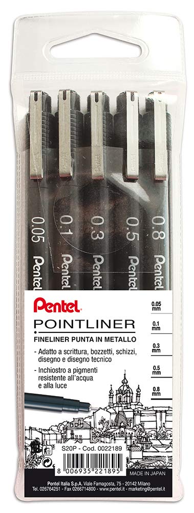 Pentel S20P Pointliner, fineliner black pocket 5 pcs (tip 0.05-0.1 - 0.3-0.5 - 0.8 mm)