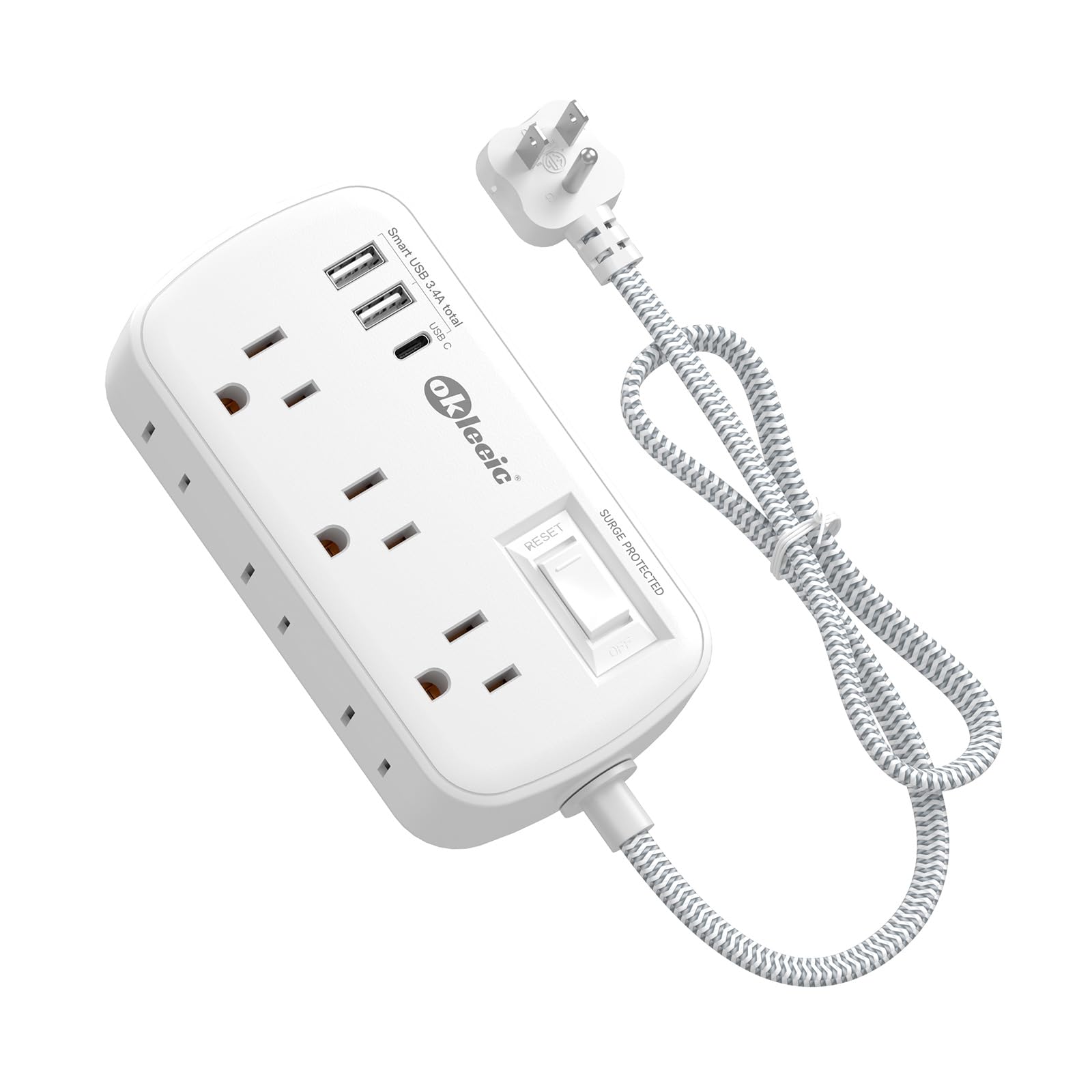 Short Extension Cord 3 Ft - okleeic Small Power Strip Flat Plug Surge Protetor with 6 Outlets & 3 USB (1 USB C) Charging Ports, Multi Plug Wall Outlet Extender for Travel Dorm Room Essentials