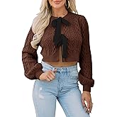 Saodimallsu Womens Cropped Cable Knit Cardigan Sweaters Long Sleeve Bow Tie Front Crew Neck Chunky Sweater Tops