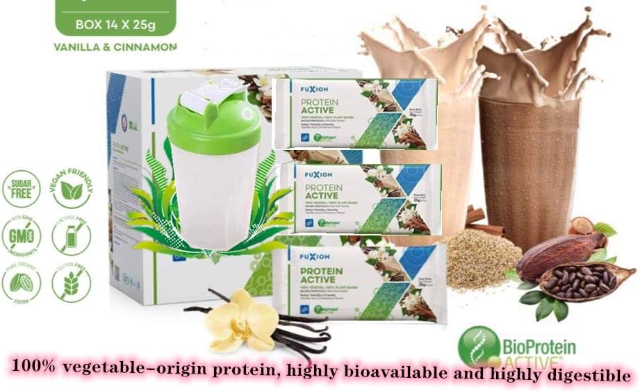 FuXion Protein Active Fit Nutritional Shake Mix Vanilla - 100% Plant Based w. BioProtein & Enzymes - Low Carb/Non GMO/Non Dairy/Gluten Free/Sugar Free - 3 Sachets w. Blender Bottle (Color May Vary): Health & Personal Care