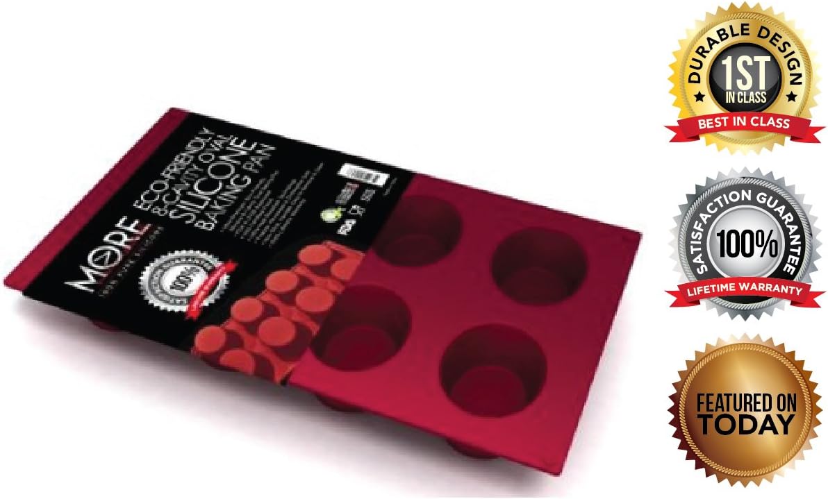 Ultra-Premium, Eco-Friendly 8-Cavity - 24 oz, Silicone Muffin Pan - Best Commercial Grade Oval Mold for Soap Design, Muffins, Cornbread, Cakes, Bread, and Cupcakes; Burgundy Wine by More Cuisine Essentials BG-1308T