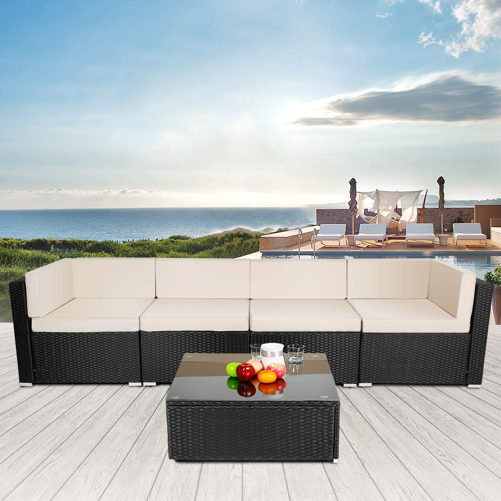 U Max Patio Pe Rattan Wicker Sofa Set 5 Pieces Black Outdoor Sectional Furniture Chair Set With Cushions And Tea Table Amazon In Garden Outdoors