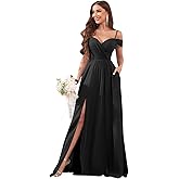 Sukleet Women's Off Shoulder Bridesmaid Dresses Long Slit Chiffon Ruched Evening Formal Dress with Pockets