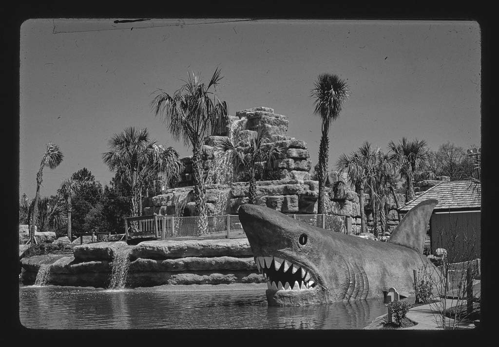 18 x 24 Ready to Hang Black & White Canvas Wrapped Print of Rainbow Falls Mini Golf, Shark, Myrtle Beach, South Carolina by Margolies, John 1988