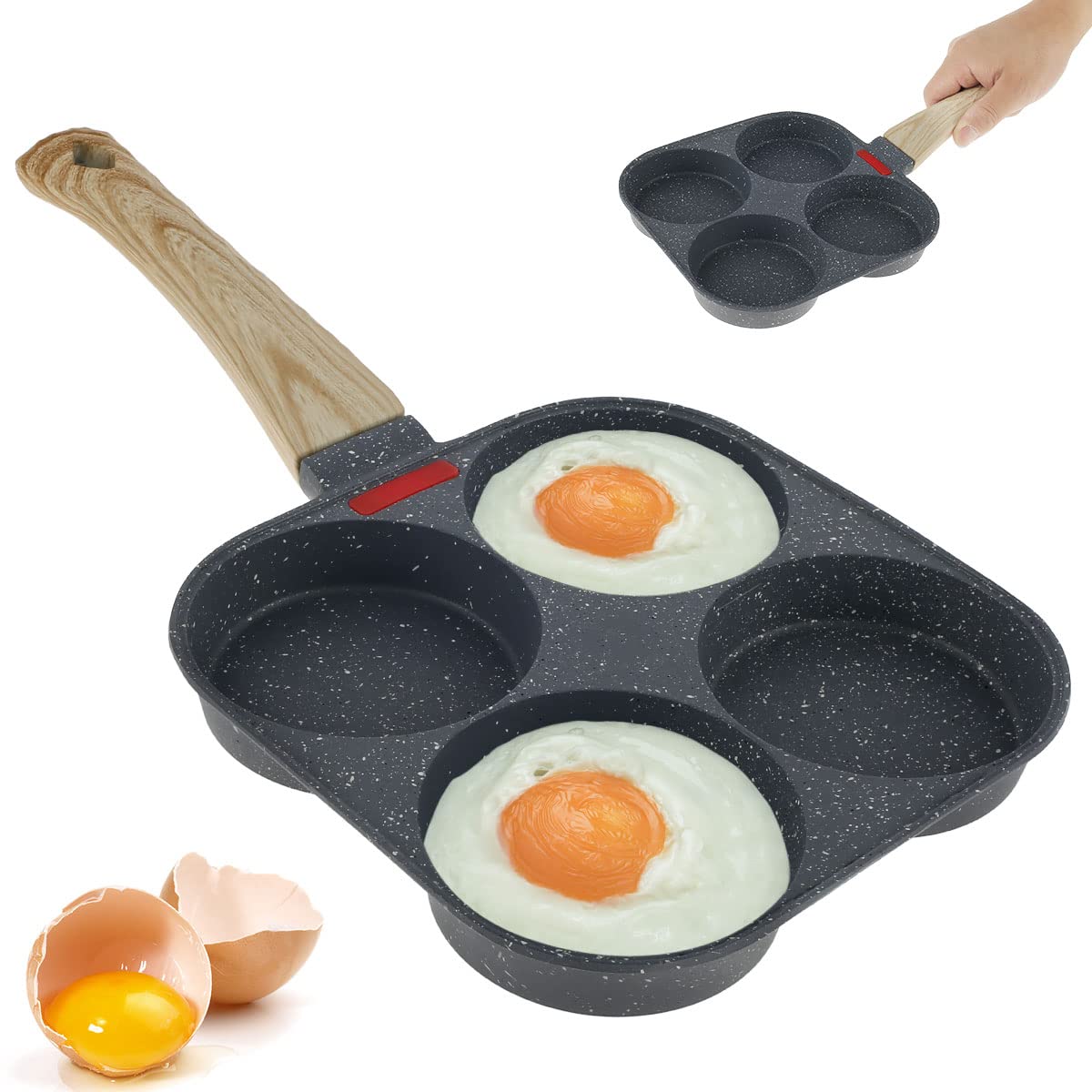Your's Bath Non-Stick Frying Pan with 4 Hole Mini Egg Cooker Omelet Skillet with Wood Handle Easy to Clean Multi Pancake Aluminum Fried Egg Burger Pan for Breakfast