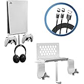 Hosanwell PS5 Wall Mount, PS5 Wall Mount Kit with 2 Detachable Controller Holder and Headphone Mount, Solid Metal with Accessories Easy Installation,White
