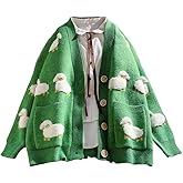 FindThy Women’s Kawaii Knitted Cardigan Long Sleeve Button Up Sheep Print Cute Sweater Cardigans