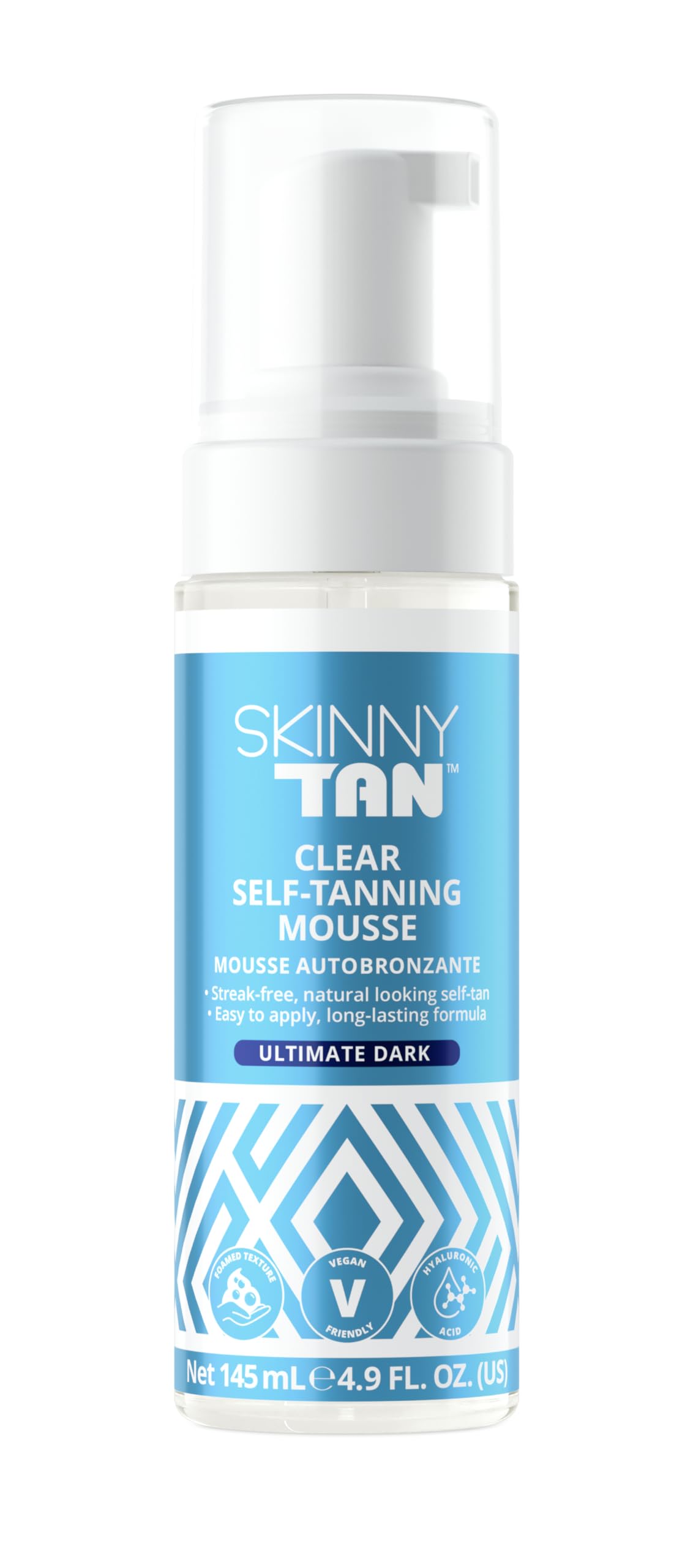 Skinny Tan Clear Self-Tanning Mousse Ultimate Dark - Hyaluronic Acid, Aloe Vera, Vitamin B5, Easy To Apply Luxurious, Foam Texture, Streak Free, Natural Looking Results - Dark, 145ml