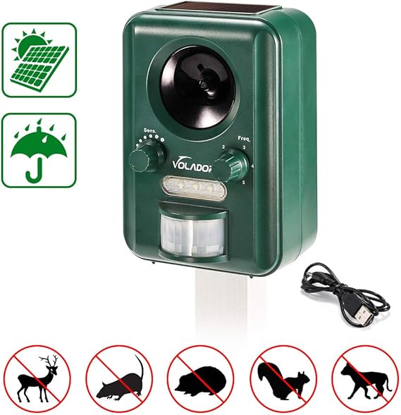Fox Dog Repellent, Volador Solar/USB Powered Ultrasonic Animal
