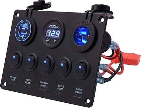 Amazon Sunshinelife 防水スイッチパネル切り替え 防水スイッチパネル シガーライターソケット デュアル Usb電源 12 24v オン オフ トグルスイッチパネル ウルトララグジュアリー デュアルusbポート 電圧計あり 自動車 オートバイ バス ボートなど用 マリン ボート 漁船
