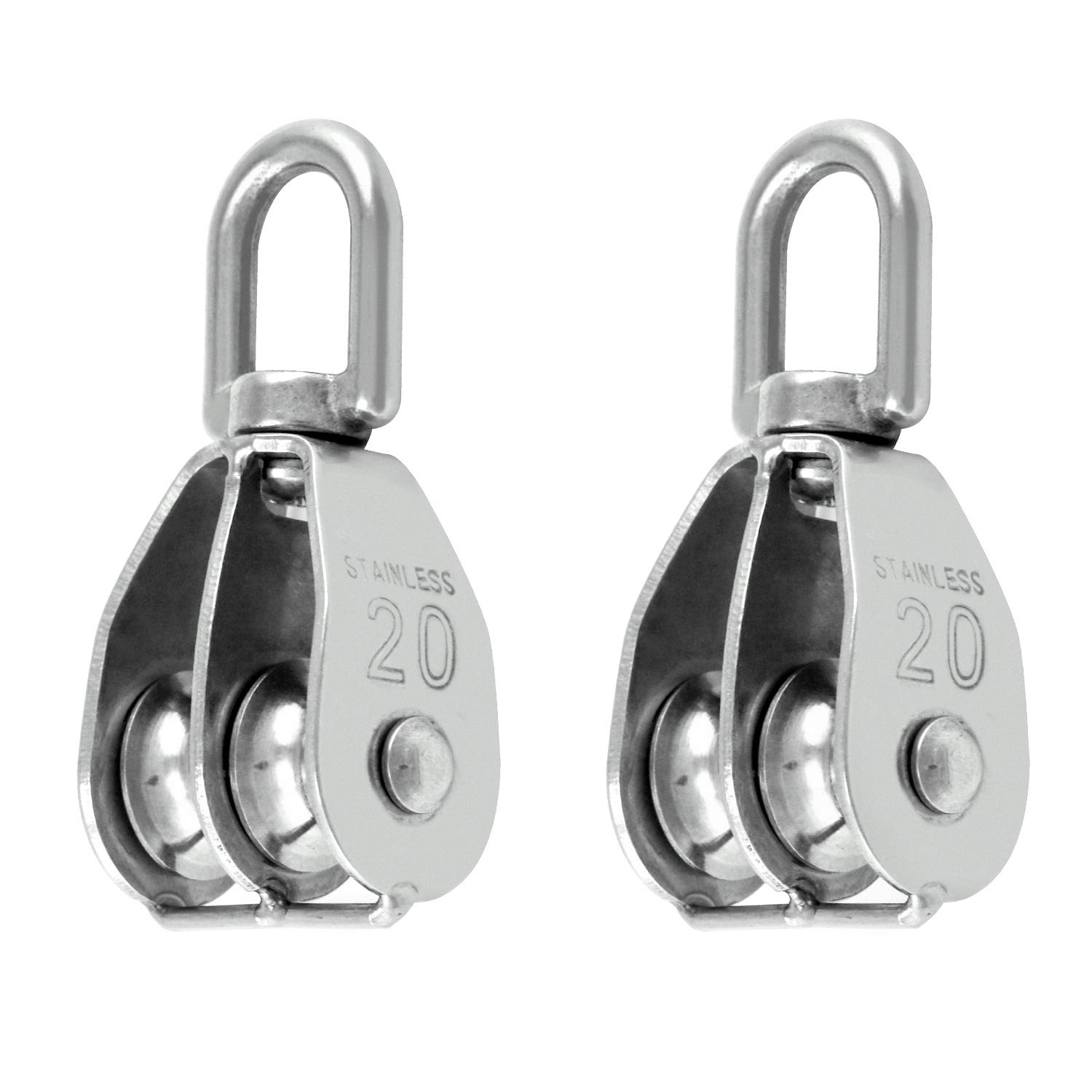 QWORK® 2PCS M20 Double Pulley Block 304 Stainless Steel Double Pulley Wheel Roller for Block and Tackle Pulley System