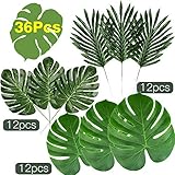 KUUQA 36 Pcs 3 Kinds Artificial Tropical Leaves with Stems， Green Palm Leaves for Luau Hawaiian Tropical Party Decorations, Faux Monstera Leaves for Jungle Safari Party Palm Decorations Supplies