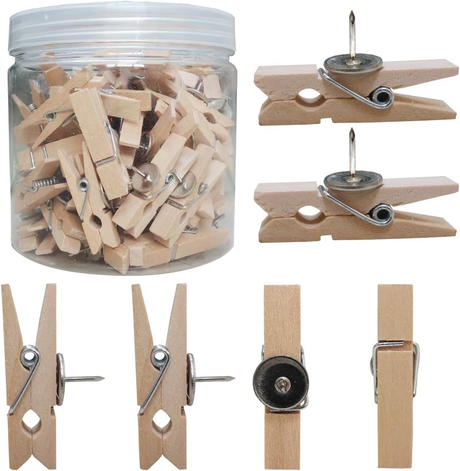 60Pcs Push Pin Wooden Clips - Paper Clips with Pushpins Tacks Thumtacks Creative Paperclips for Cork Boards/Bulletin Board/Photos/Papers/Notes/Craft Projects/Artworks