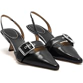MKOPWOX Women's Slingback Kitten Heel Pumps Pointed Closed Toe Slip-On Buckle Low Heel Sandals with Ankle Strap Sexy Wedding Party Daily Dressy Pumps Shoes