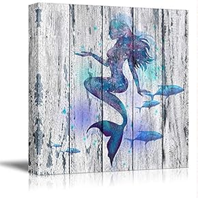 Canvas Wall Art Cartoon Beautiful Mermaid Painting Artwork for Home Prints Framed - 12x12 inches
