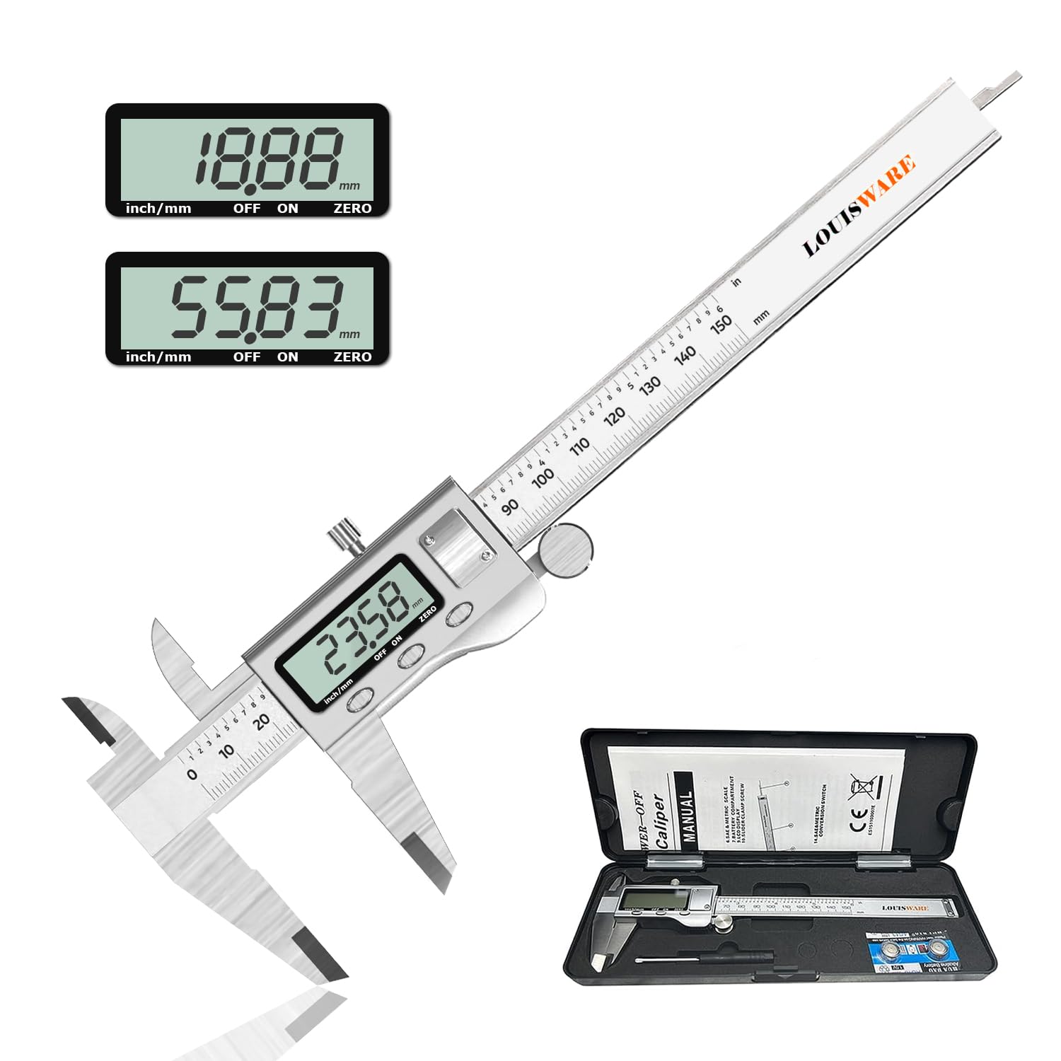 LOUISWARE Electronic Digital Vernier Caliper - 150mm Stainless Steel Professional Metal Digital Caliper With Easy to Read Lcd Vernier Gauge, Inch/Metric Conversion