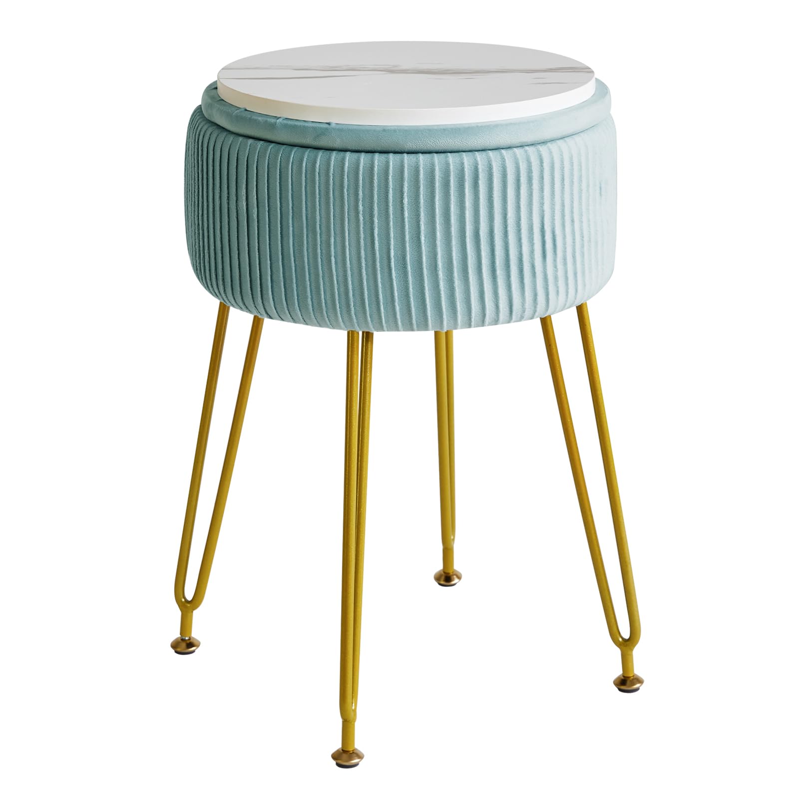 Photo 1 of IBUYKE Velvet Storage Footrest Stool Ottoman, Makeup Vanity Stool Side Table with Golden Steel Legs Removable Cover, Coffee Table Top Cover, Blue LG-20H