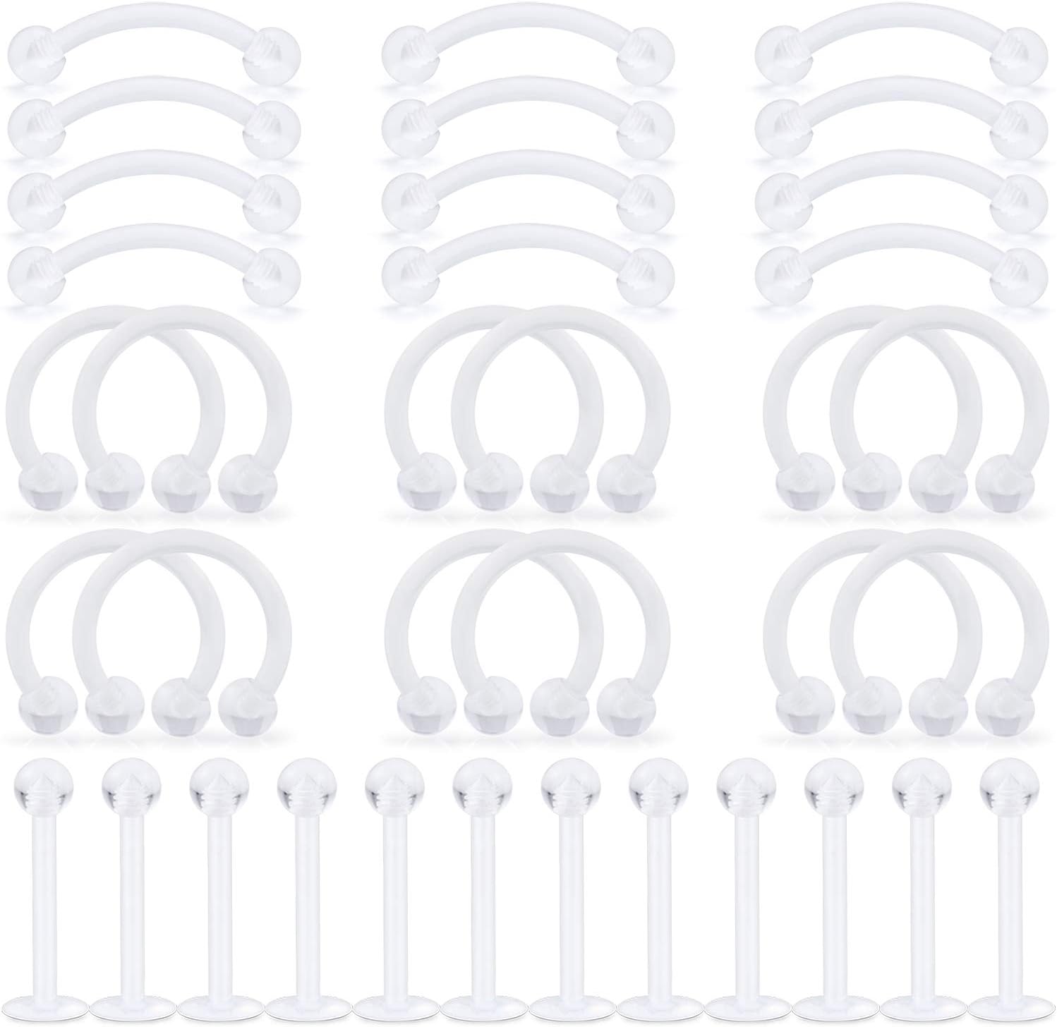 Kridzisw 16G 36pcs Clear Bioflex Acrylic Eyebrow Ring Horseshoe Lip labret Monroe Suptum Cartilage Helix Tragus Hoop Rings Piercing Retainer Length 8mm 10mm 12mm