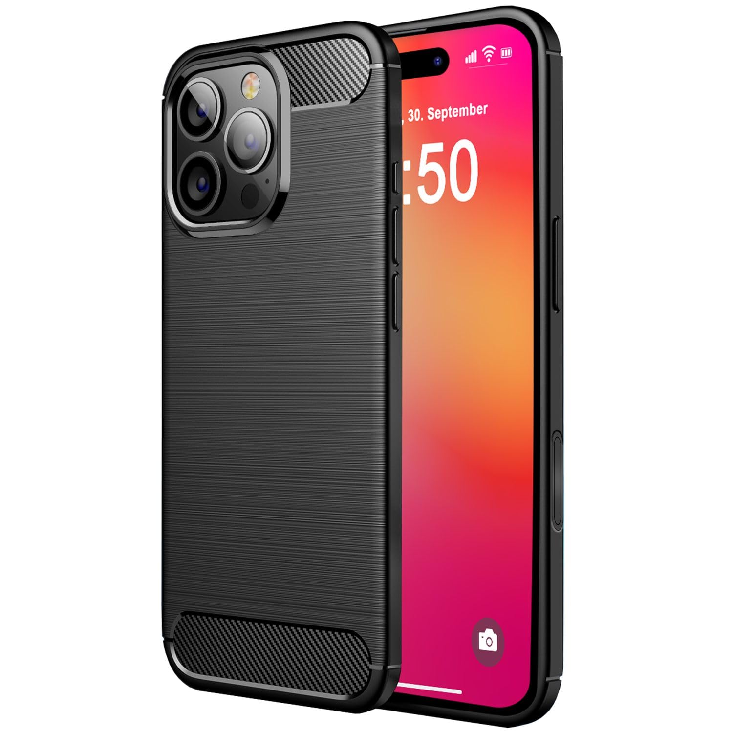 NALIA Silicone Case for iPhone 16 Pro - Anti-Slip & Matte - VORTEX (Brushed Look & Carbon Design) - German Brand Black