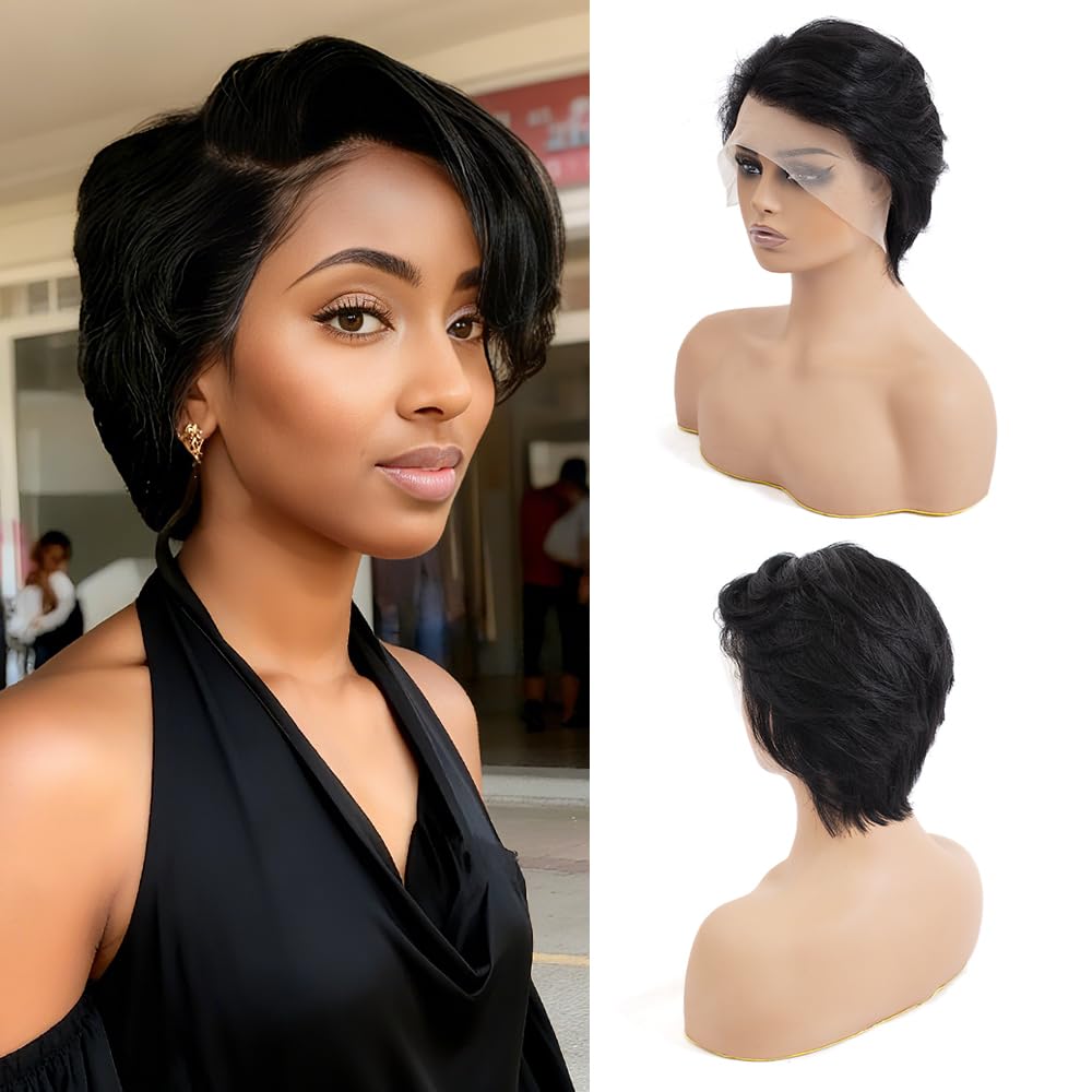 Photo 1 of 13X4 Lace Front Wigs 100% Human Hair Pixie Cut Wig Pre Plucked 8inch Short Straight Bob Wigs for Black Women (Black, 8 inch)