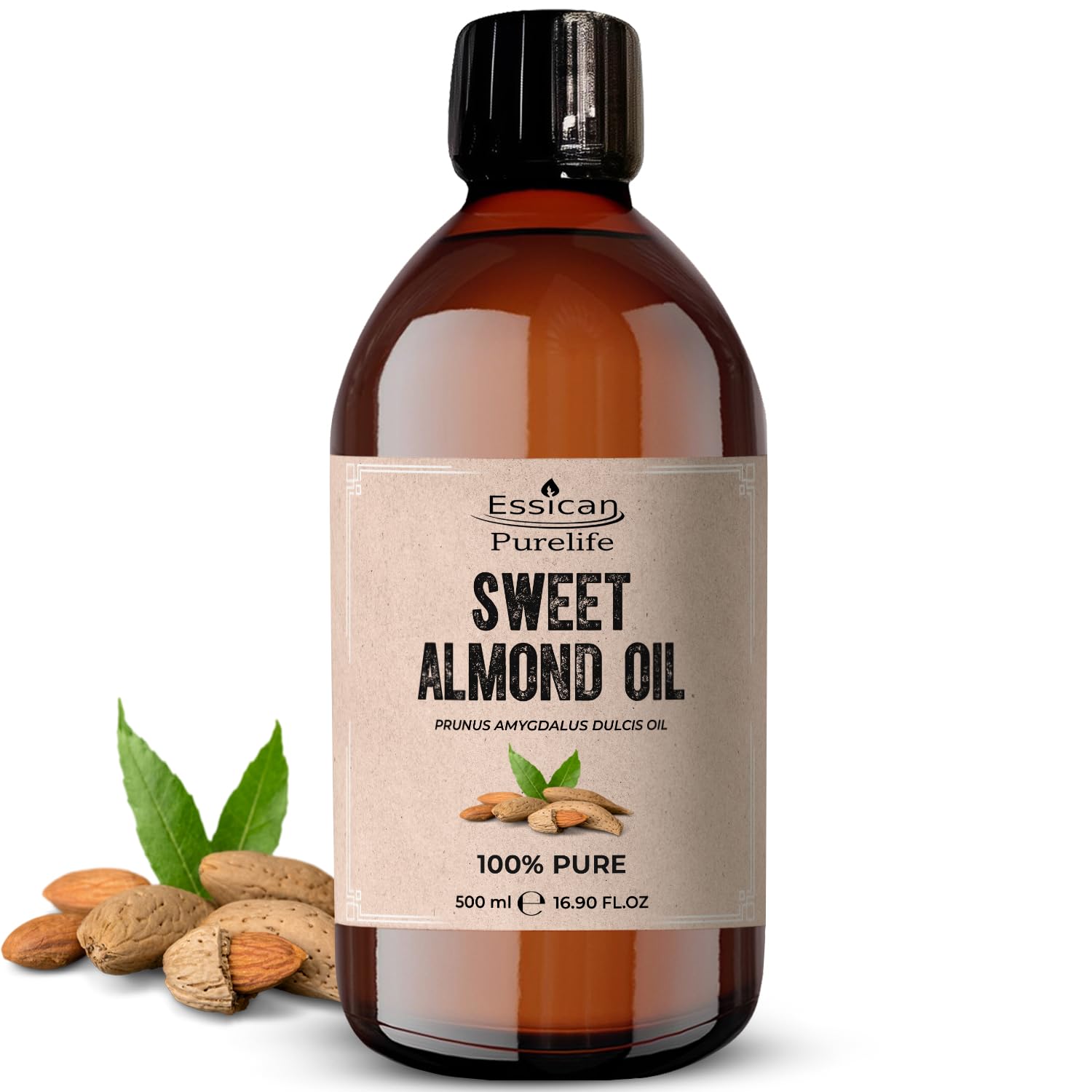 Essican Purelife, Pure Sweet Almond Oil for Hair, 500ml Cold Pressed Almond Oils for Massage, Carrier Oil for Essential Oils Mixing Ideal for Massage, Moisturising Face, Skin, Ear, Body, Cruelty-Free