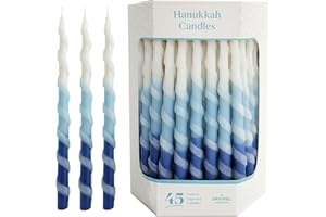 The Dreidel Company Deluxe Twisted Spiral 45 Blue & White Ombre Hanukkah Menorah Candles for All 8 Nights of Chanukah Burn Time 1-Hour