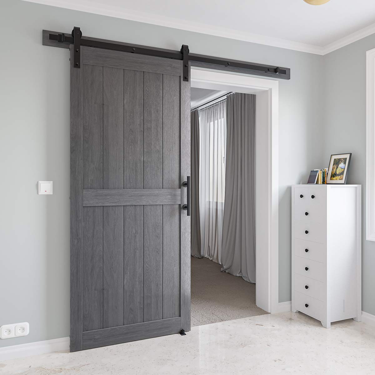 COSHOMER 36in x 84in MDF Sliding Barn Door with 6.6ft Barn Door Hardware Kit & Handle, Pre-Drilled Holes Easy Assembly -Solid Wood Slab Inside Covered with Water-Proof PVC Surface, Grey, H-Frame