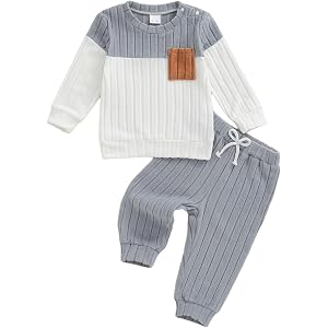 fhutpw Baby Toddler Boy Clothes Plush Knit Color Block Top Jogger Outfits | Soft Ribbed Knit Fabric, Regular Fit, Long Sleeve