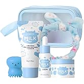 Milk Skincare Set Teen Girls Gifts - Travel Kit - Skincare for Teens 10-12 Hydrating - Travel Size Facial Kit for Women with Cleanser,Serum,Cream,Headband,Cleansing Brush, Hypoallergenic