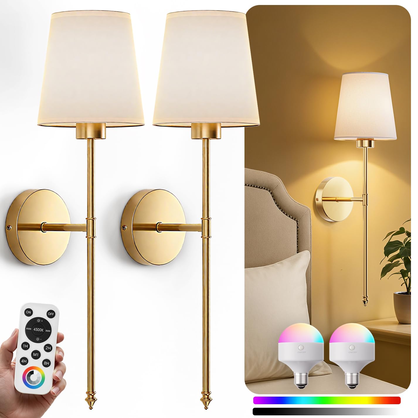 Photo 1 of Wall Sconces Battery Operated Set of 2, Rechargeable Wall Sconce, 10 Colors Wireless Wall Sconces Set of Two, 5200mAh Dimmable Bulbs and Remote, for Bedroom Living Room, Hallway Decor (24 inch - Gold)