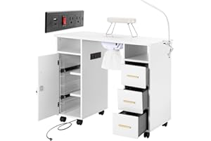 White Nail Tech Desk, Nail Table for Nail Tech, Nail Desk with Dust Collector, Manicure table w/LED Lamp, Lockable Wheels, Drawers, Clear Shelves & Charging Station Nail Table for Salon or Home
