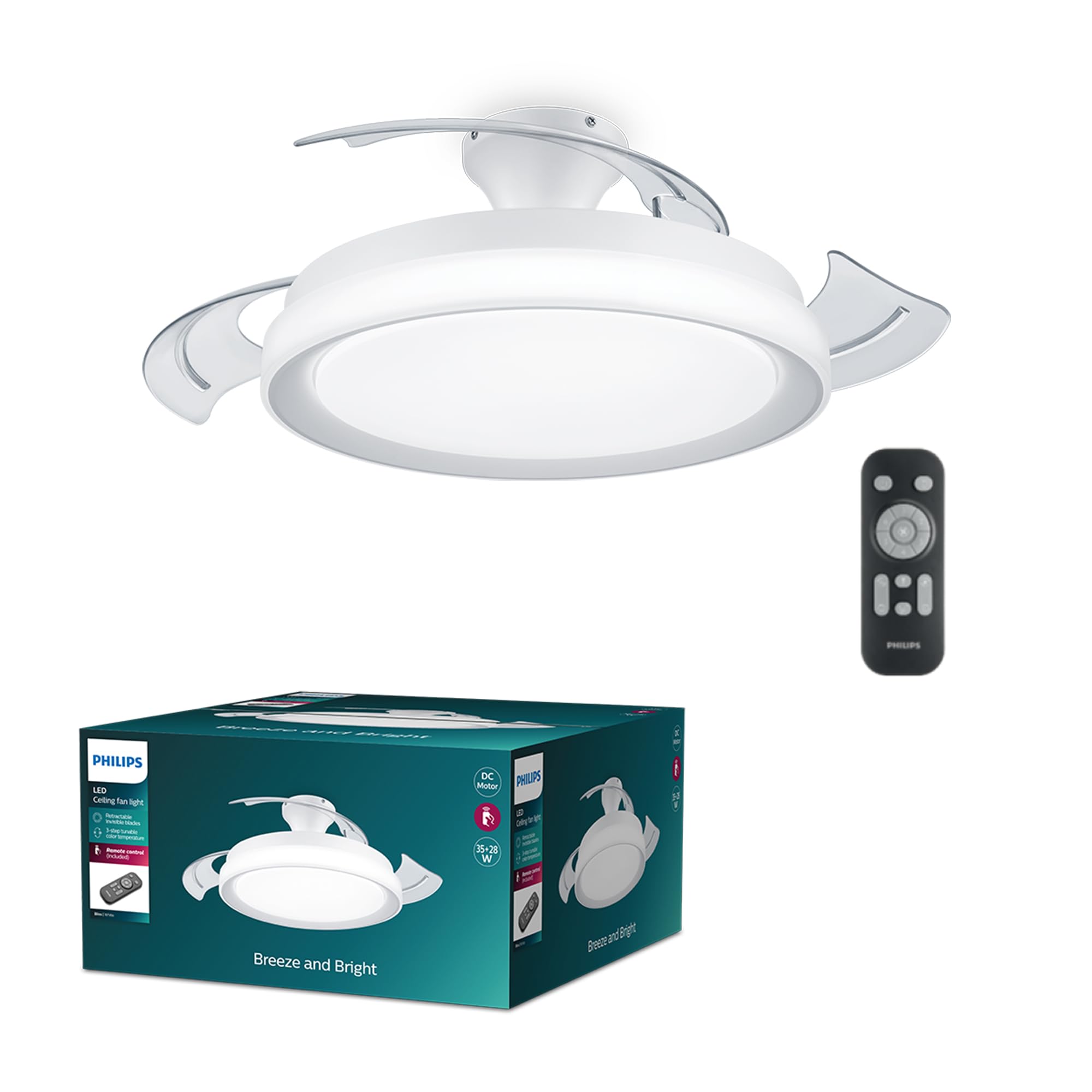 Philips Lighting Philips, Plafonnier Led Bliss 28W Avec Ventilateur 35W, 2700K-4000K-5500K, Télécommande Incluse, Blanc, Pour Éclairage De Plafond, Salon Et Chambre