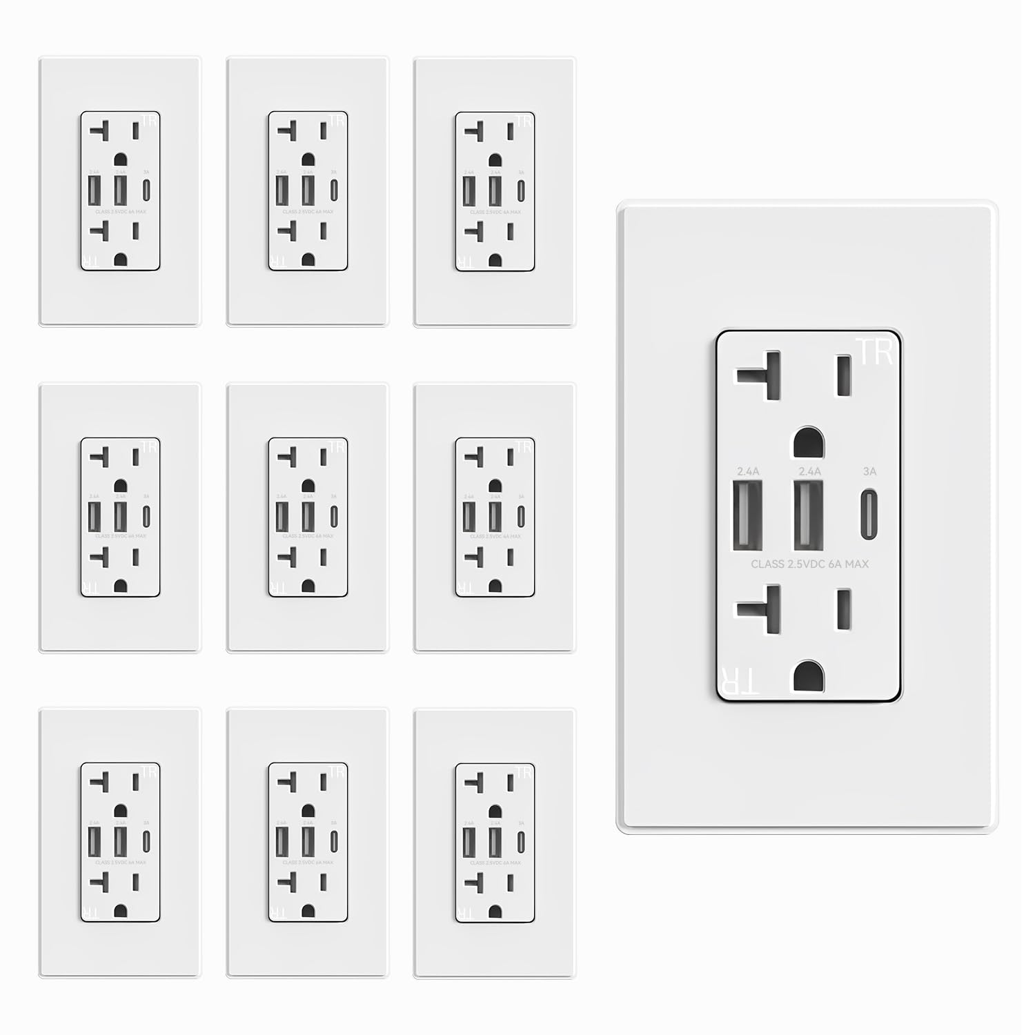 ELEGRP USB Outlets Receptacles, 3-Port Wall Outlet, 30W 6.0A Tamper-Resistant Electrical Outlet, 20 Amp Outlet with Type C Ports, UL Listed, Screwless Wall Plate Included, 10 Pack, Matte White Image