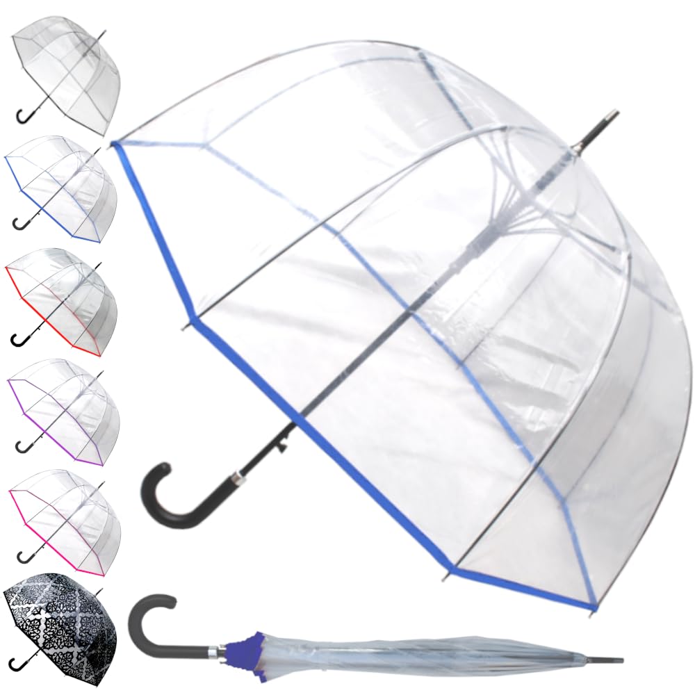 60MPH Rare Automatic Clear Umbrella - Windproof Dome Umbrella Strong - See Through Transparent Clear Plastic Canopy - Best for Visibility - Designer Fiberglass Men Women - Blue Trim